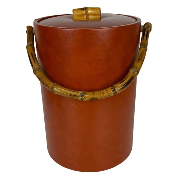 Vintage Vinyl Tropical Wood Handle Ice Bucket With Lid Barware Tiki Man Cave - Picture 4 of 9